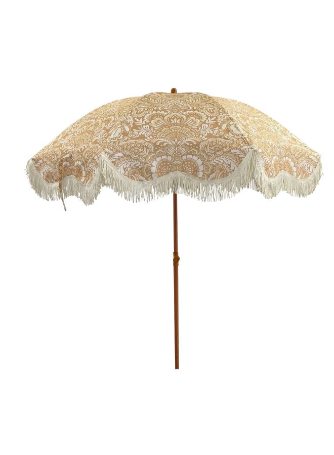 مظلة شاطئية بتفاصيل شرّابة بتصميم طابع خشبي لون بني وأبيض بطول 2 مترBU2127 - Image 1